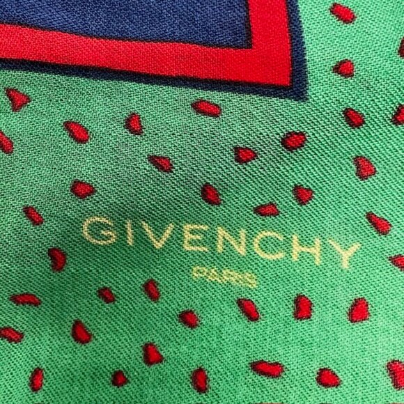 VGT GIVENCHY Paris scarf cotton/silk 34" Satin blue green red dot , (44) - Picture 4 of 10